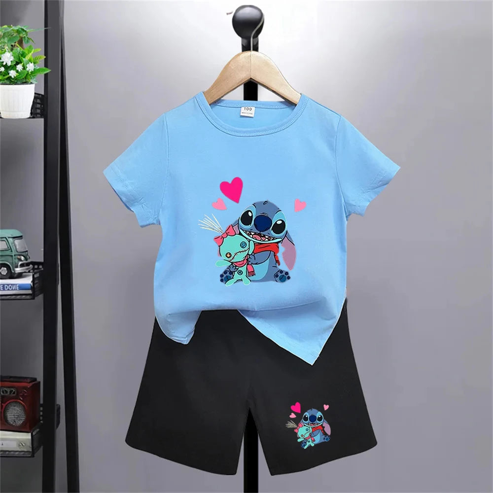 Camiseta de punto de Disney con dibujos animados de verano para niñas, camisetas rojas y rosas para niños, ropa superior, camisetas de moda para niños, conjunto de pantalones cortos para niños de 3 a 12 años