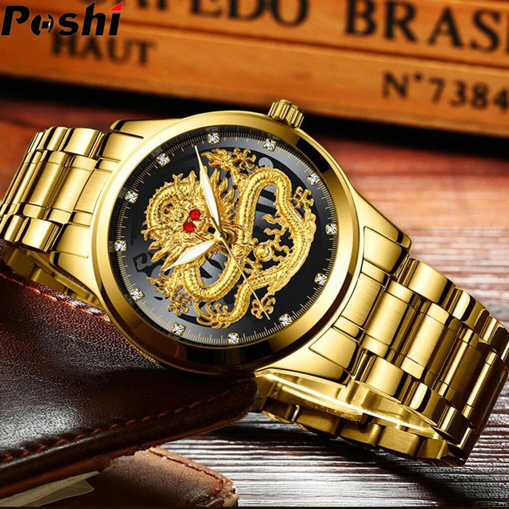 POSHI-reloj de cuarzo de acero inoxidable para hombre, cronógrafo de lujo con diseño Original de dragón dorado, resistente al agua