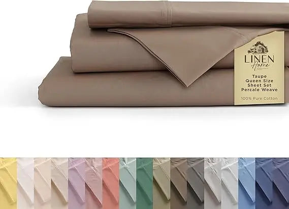 Sábanas de percal 100% algodón tamaño Queen, crema, bolsillo profundo, juego de 4 piezas: 1 sábana bajera plana, 1 bolsillo profundo y 2 fundas de almohada,