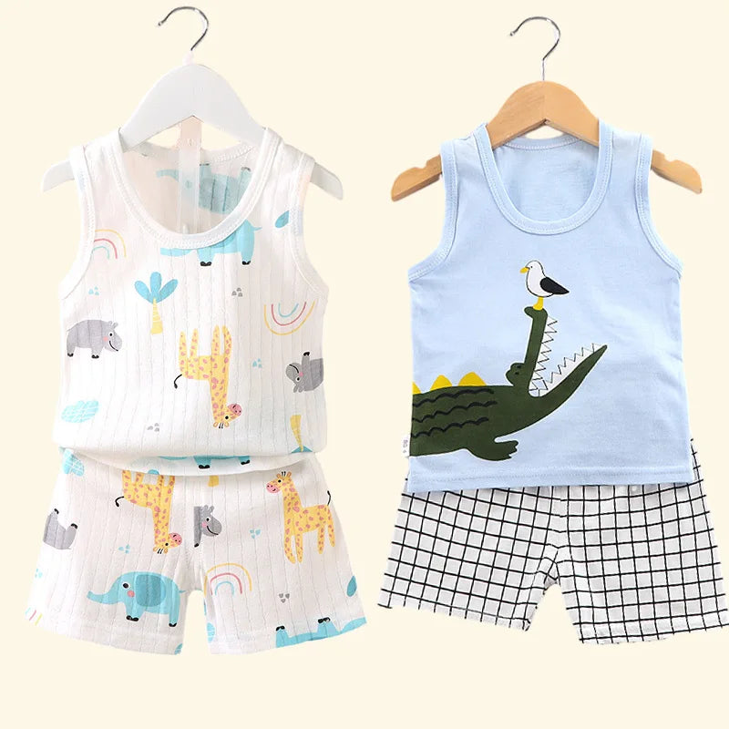 Ropa para niños, Tops sin mangas estampados, pantalones cortos, lindo, transpirable, chaleco de verano para niños, conjunto de pantalones cortos, camiseta sin mangas para ropa de bebé para niños
