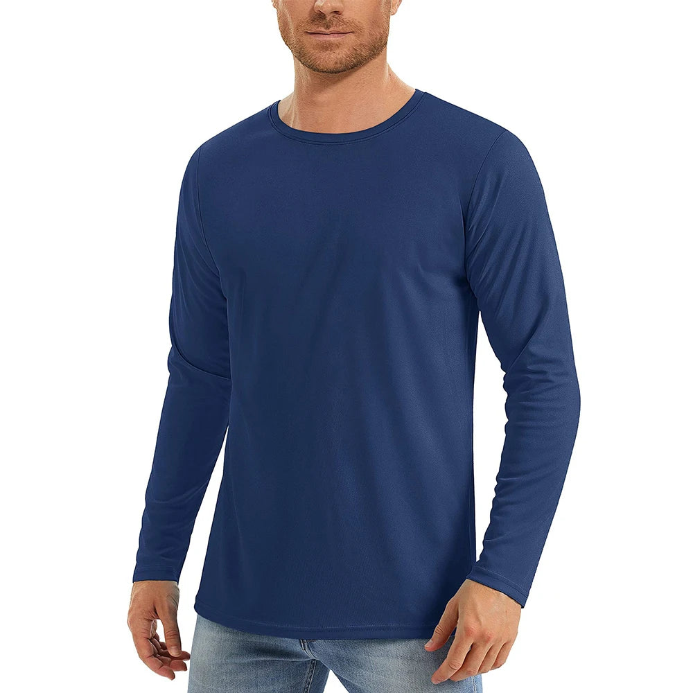 Camiseta con protección solar UV UPF50 + para hombre, camisetas de secado rápido con cuello redondo y manga larga de Color sólido para senderismo al aire libre y pesca