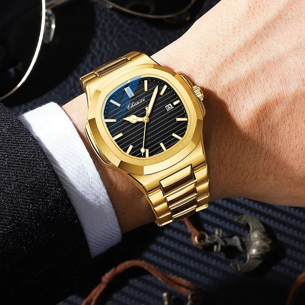 CHENXI 8222 reloj de negocios informal luminoso de acero inoxidable dorado de lujo para hombres relojes de pulsera de cuarzo de moda resistente al agua