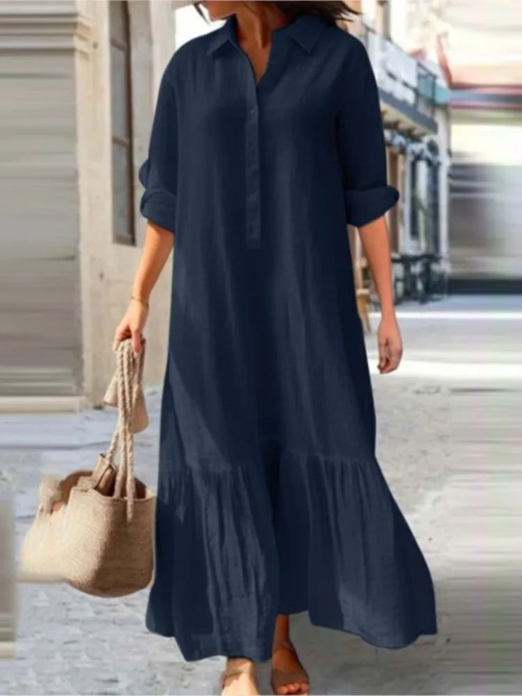 Vestido informal de manga larga para mujer, vestido de oficina para mujer, moda Primavera Verano, vestido camisero liso elegante, vestidos para mujer 2024