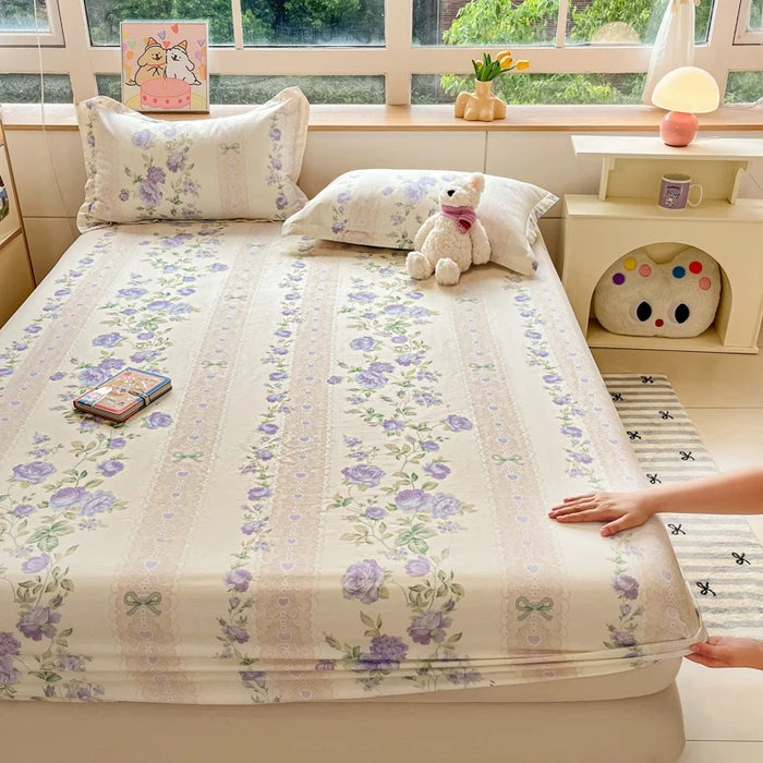 Juego de sábanas ajustadas de algodón 100% puro con funda de almohada, funda de cama con estampado de flores, sábanas individuales/Queen/King Size