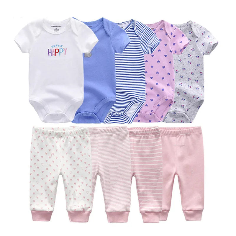 9 unids/lote monos Unisex para recién nacidos + pantalones conjuntos de ropa de algodón de dibujos animados ropa para bebé (niño o niña)