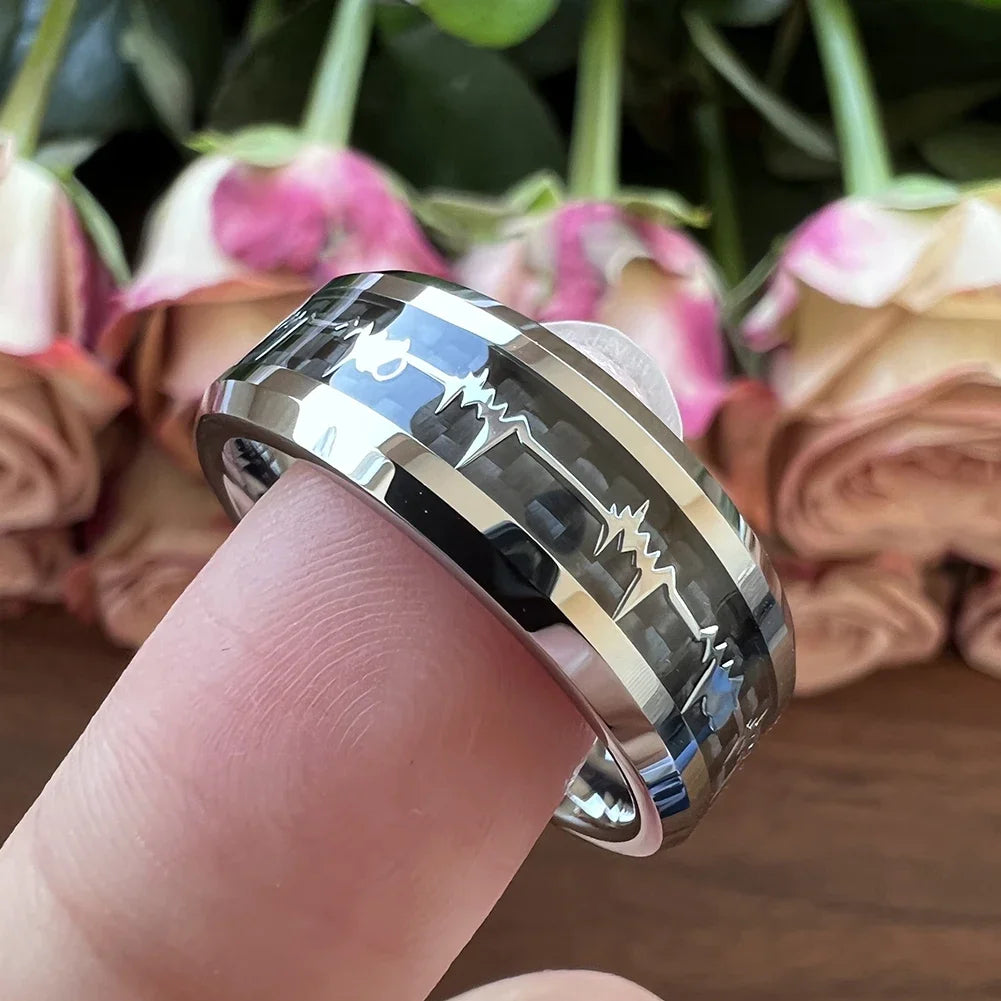 Anillos de compromiso de carburo de tungsteno con incrustaciones de corazón de fibra de carbono negra de 8mm a la moda, alianzas de boda con cúpula, pulido, brillante, ajuste cómodo