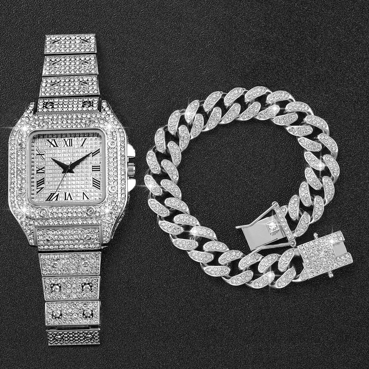 Reloj de pulsera de cuarzo para hombre y mujer, pulsera de acero inoxidable plateado con diamantes de moda, conjunto de 2 unidades