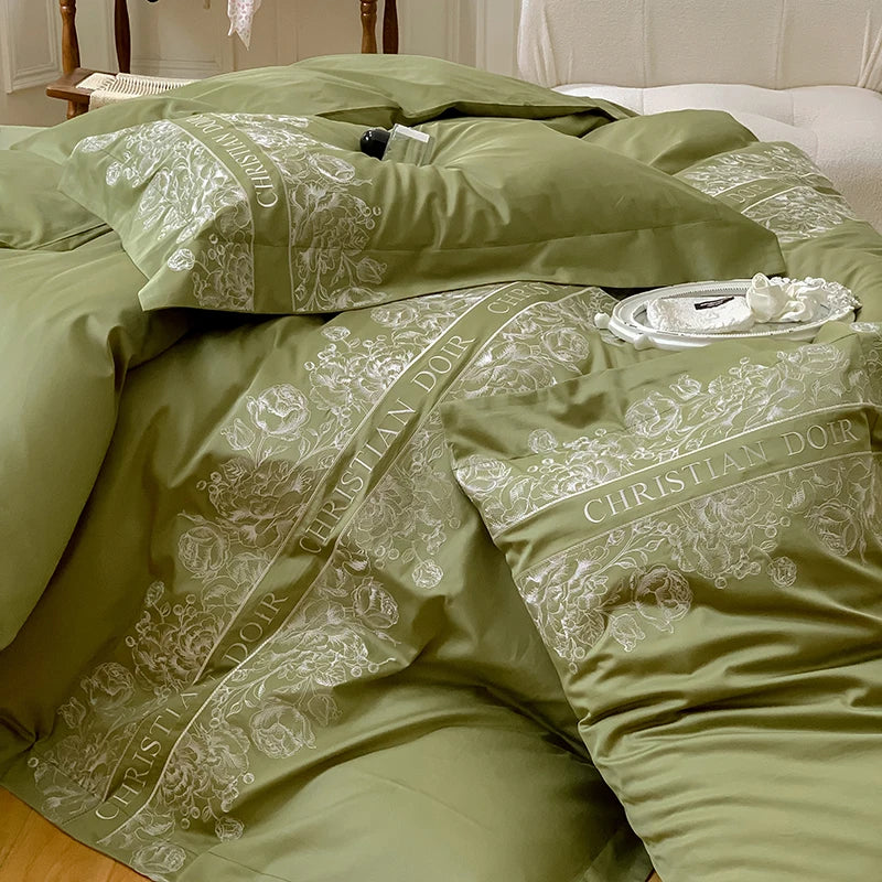 Juego de cama de algodón de grapa larga de 100 unidades, funda nórdica bordada con patrones de flores y plantas, Sábana bajera tamaño Queen TwinFull