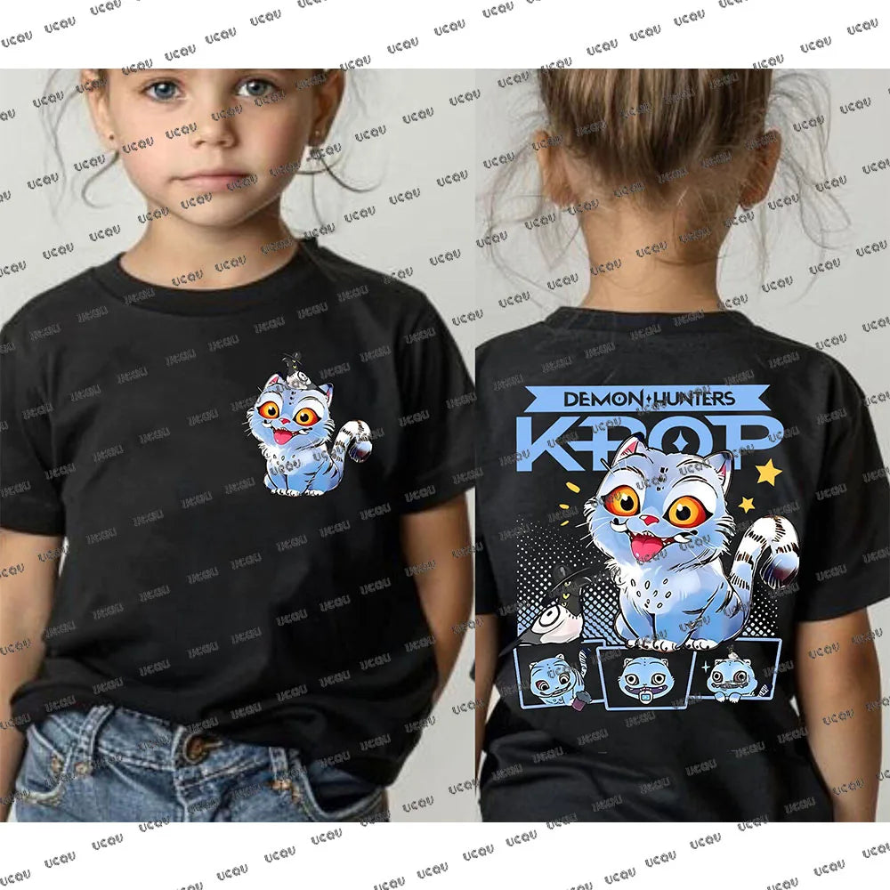 Camiseta KPop Demon Hunters para niños, camisetas de manga corta de verano, camisetas de algodón con cuello redondo, camisetas de película de moda 2025 para niños adultos