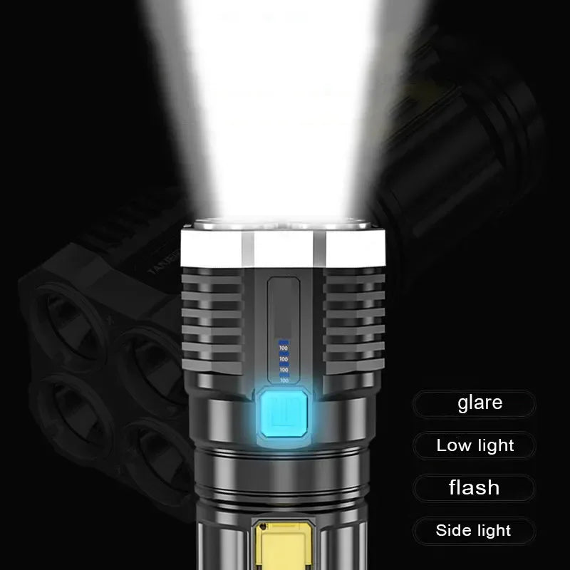 Linterna LED de luz fuerte para acampar, 4 lámparas y luces laterales COB, linterna de mano portátil recargable por USB para exteriores