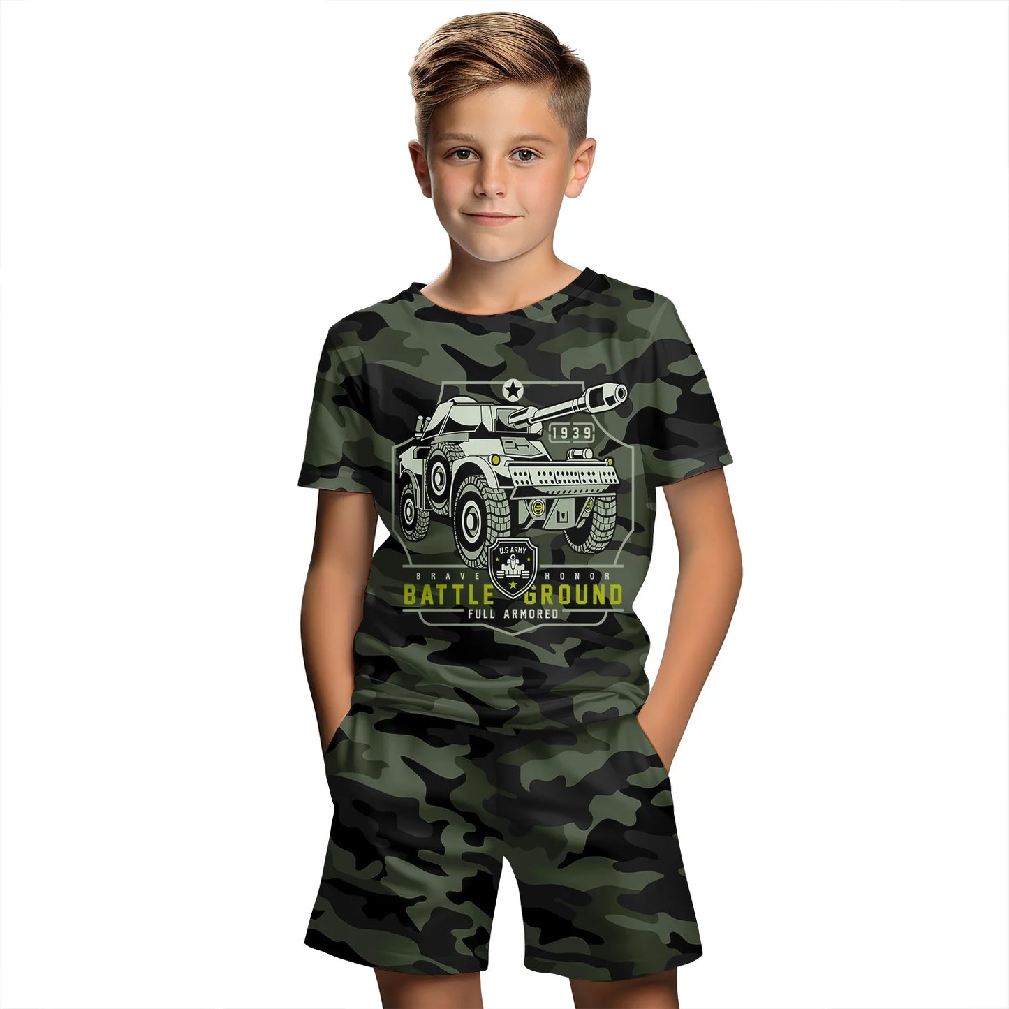 Traje de ropa para niños con estampado de camuflaje 3D, conjunto de camiseta de manga corta de verano, pantalones cortos, ropa para niño y niña, conjuntos para niños