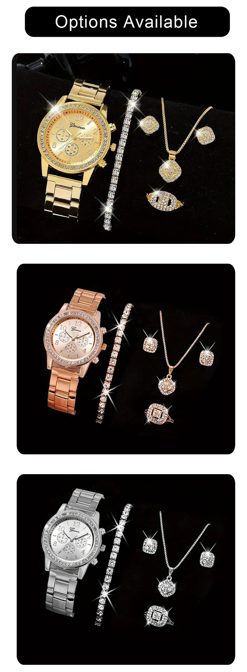 Juego de 5 piezas de reloj de oro para mujer, anillo de lujo, collar, pendientes, diamantes de imitación, reloj de pulsera de moda, relojes casuales para mujer, conjunto de pulsera