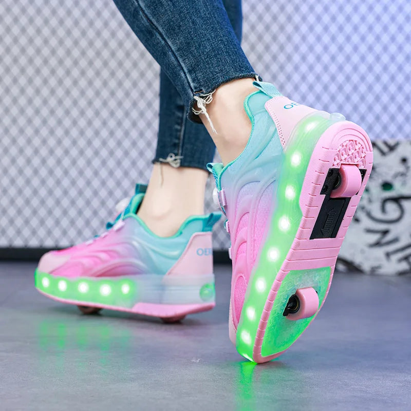 Zapatos de patín con luz Led de dos ruedas para niños y niñas, zapatillas deportivas luminosas, monopatín con carga USB