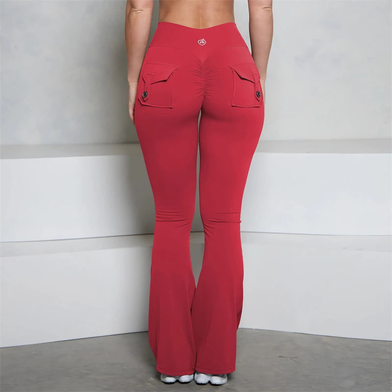 BUM gris bolsillo acampanado Scrunch Butt pantalones PB mujeres ajustado Sexy pantalones de cintura alta Push Up deporte Fitness Flare Leggings