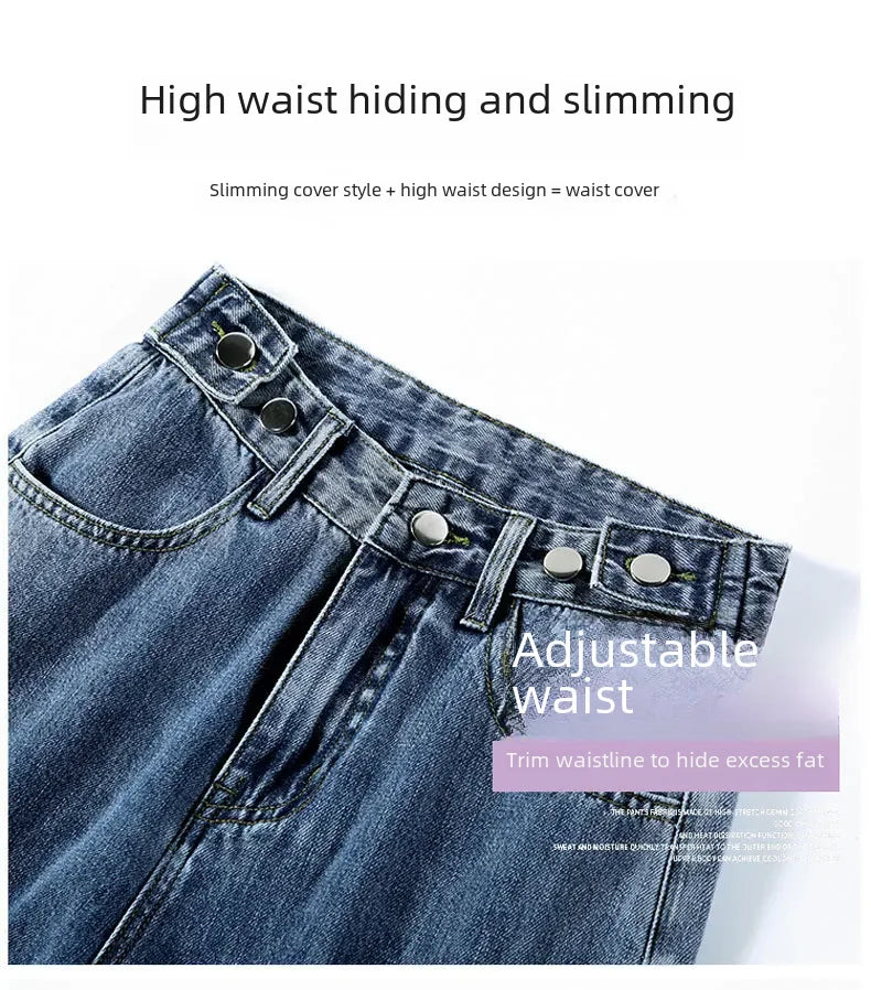 Pantalones vaqueros sueltos para mujer, diseño de cintura alta, entrepierna recta ajustable, pantalones de estilo Retro, tela de algodón, estilo informal cómodo
