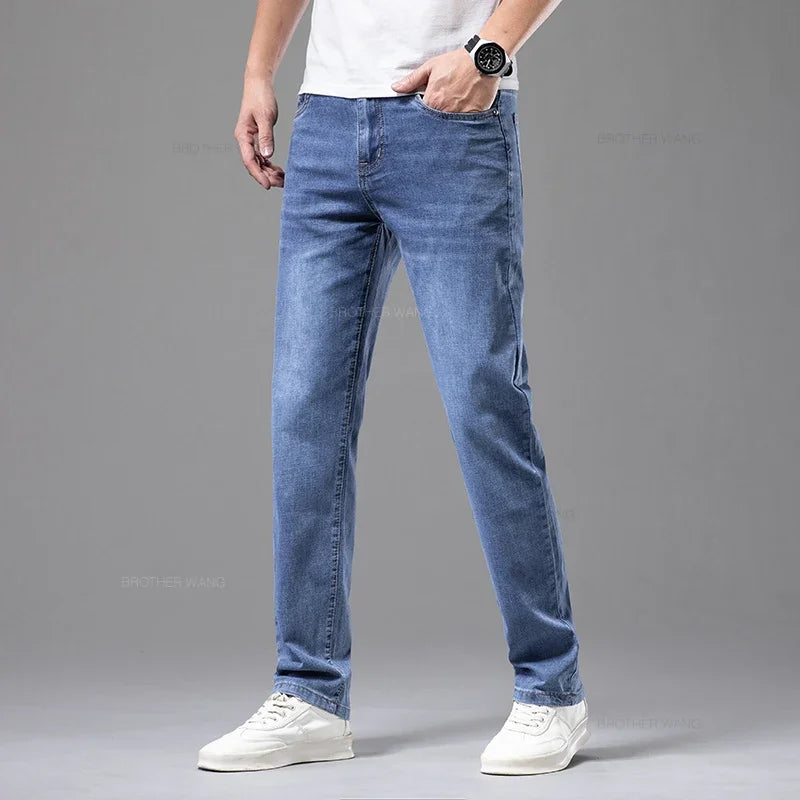 Pantalones vaqueros finos de algodón elástico para hombre, pantalón informal, recto, cómodo, color gris, a la moda, para verano