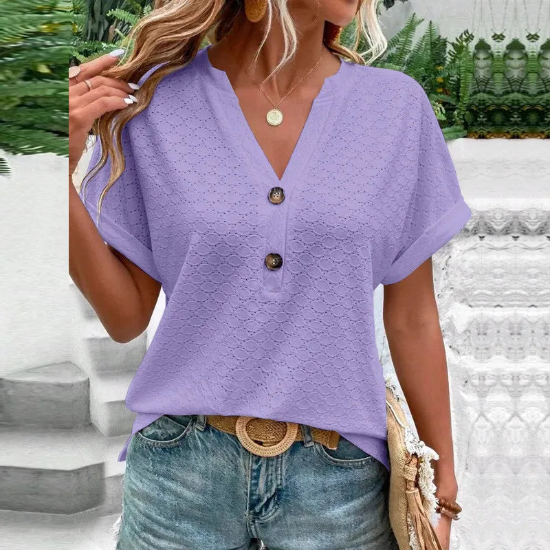 Blusas informales de Jacquard con botones y cuello en V para mujer, camisas holgadas lisas, Tops de manga corta de gran tamaño para mujer 2023