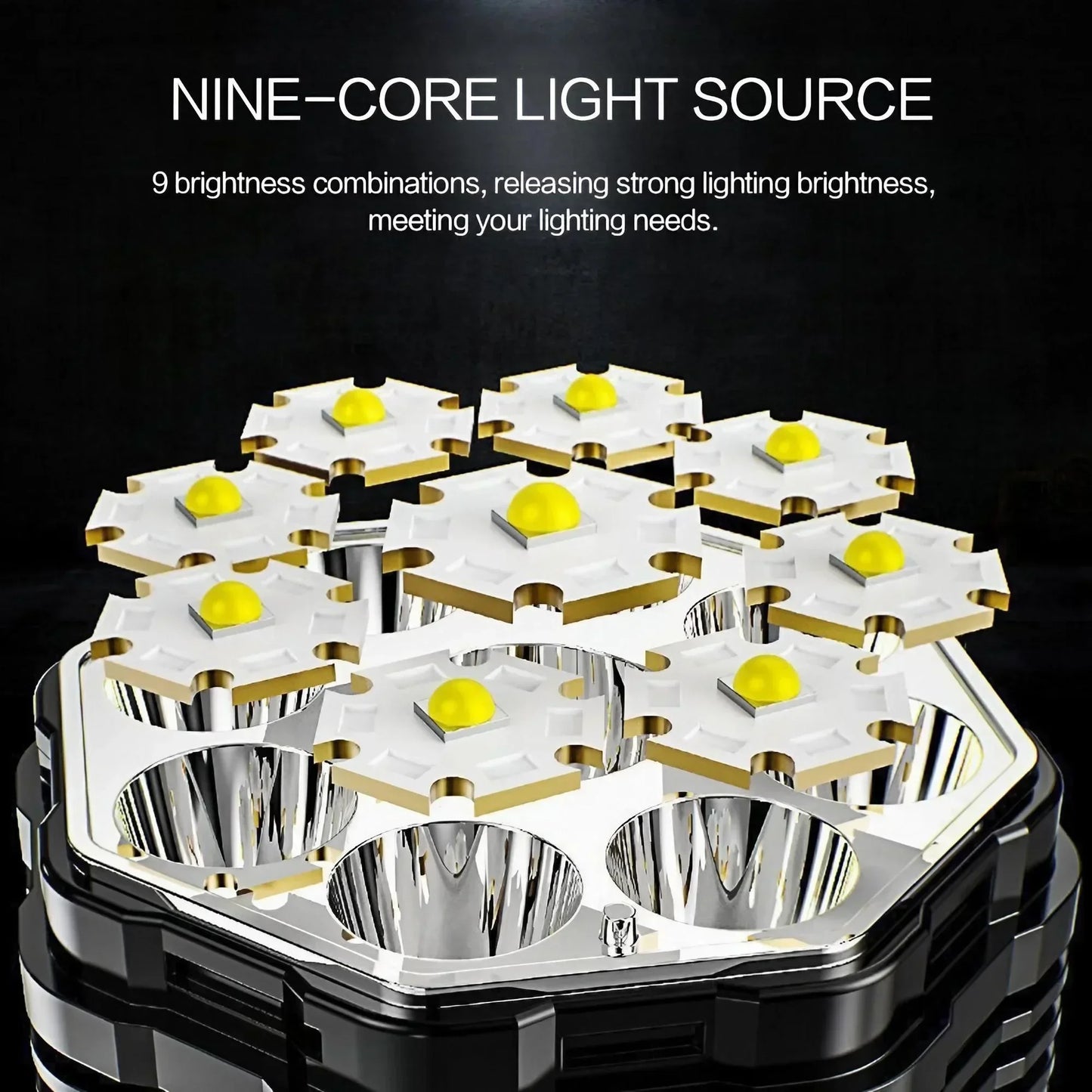 Portable 9-Core USB Rechargeable LED Flashlight Dual Light Source Camping Hiking Outdoor Multi-Use Light