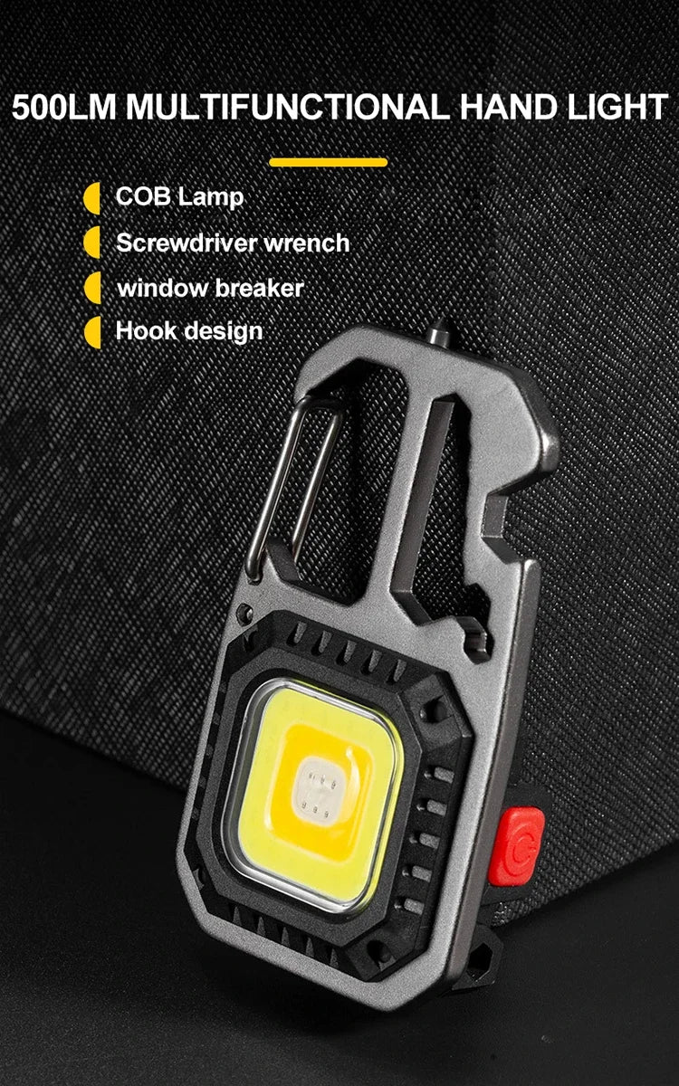 Luz de trabajo con llavero COB con pantalla de batería, luz LED portátil recargable de 8 modos de alto lúmenes para acampar, senderismo y correr