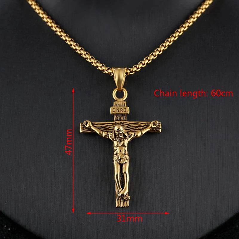 Collar religioso de acero inoxidable con cruz de Jesús para hombres, colgante de cruz de Color dorado y plateado con cadena, regalo de joyerÃa