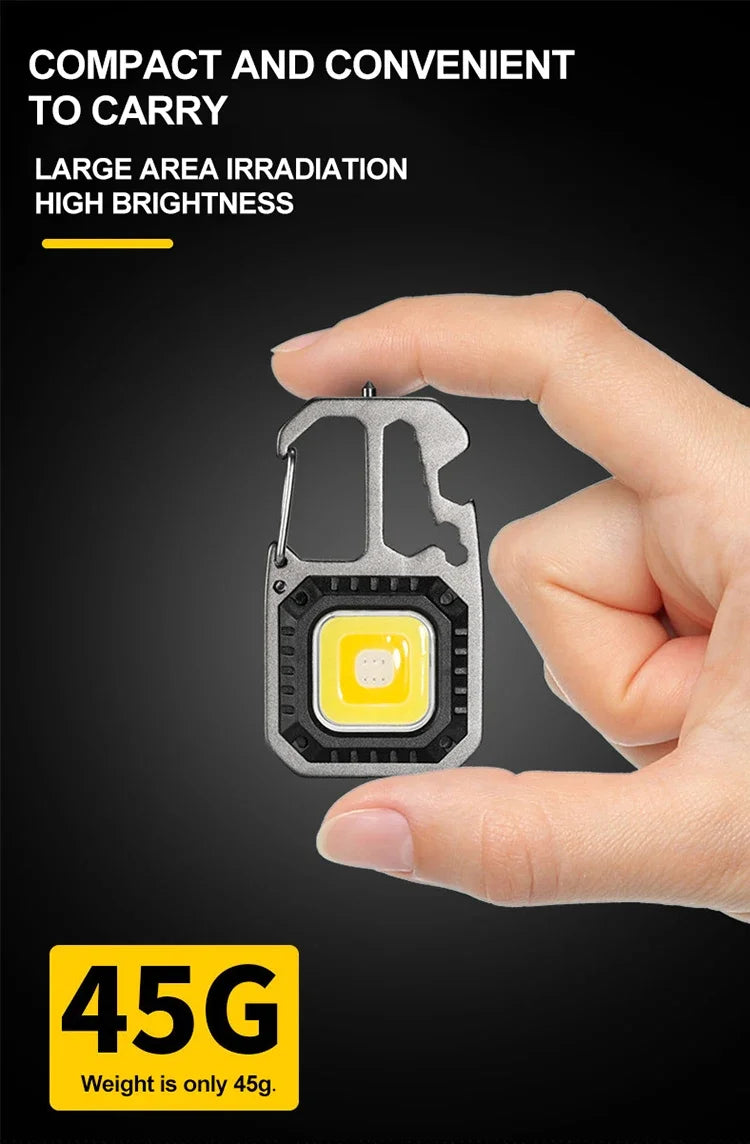 Luz de trabajo con llavero COB con pantalla de batería, luz LED portátil recargable de 8 modos de alto lúmenes para acampar, senderismo y correr