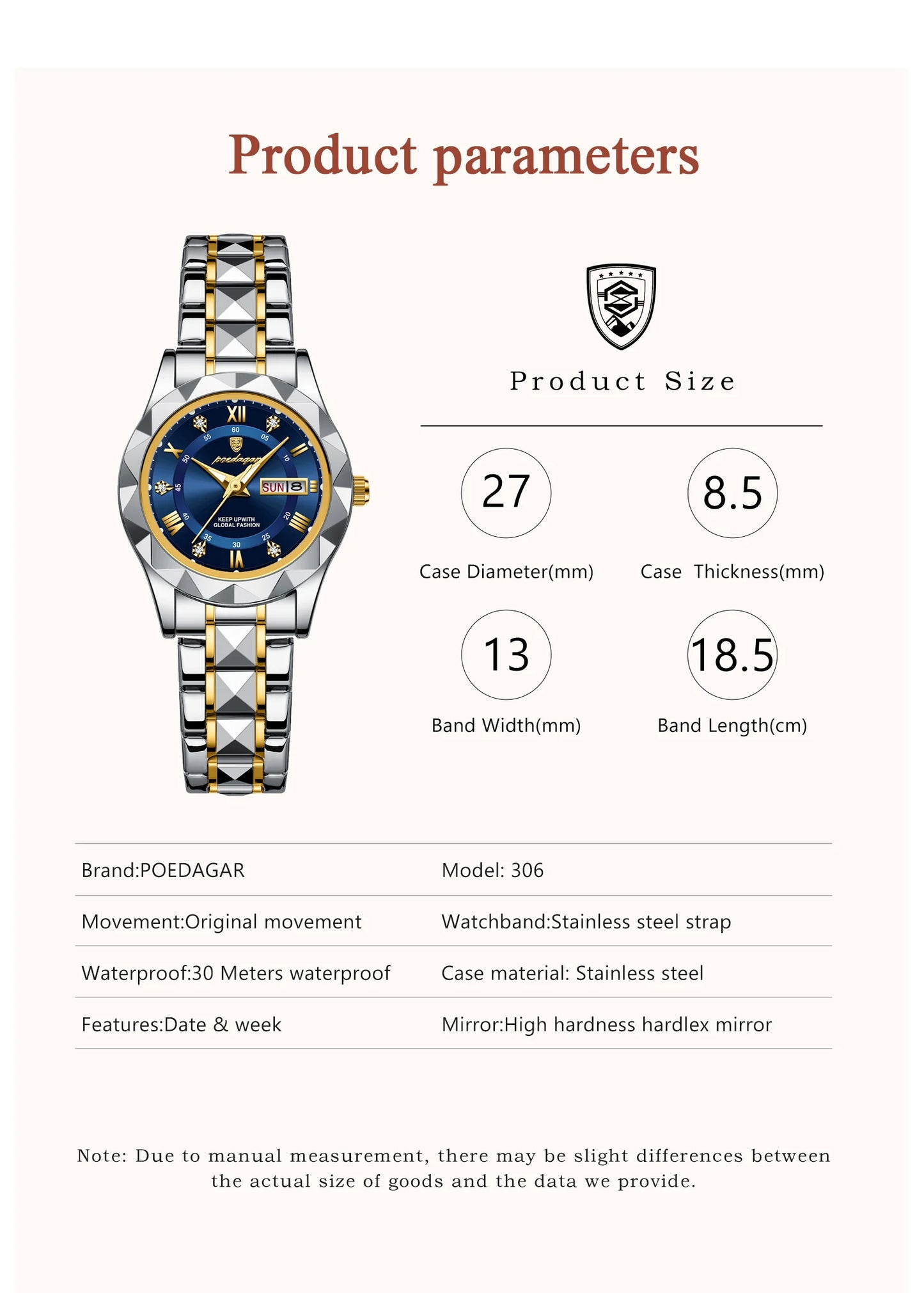 POEDAGAR, reloj de lujo para mujer, luminoso, resistente al agua, con fecha semanal, reloj de pulsera para mujer, relojes de cuarzo de acero inoxidable para mujer, reloj + caja