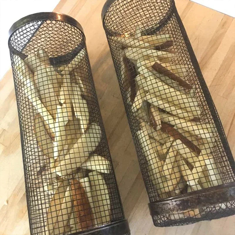 Cesta para parrilla de barbacoa, cesta rodante para asar, jaulas para barbacoa, parrilla cilÃndrica, cestas para asar para acampar al aire libre