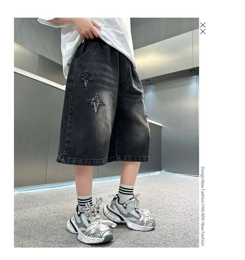 Boy Star Jeans 2025 Verano Nuevo Producto Moda Niños Denim Pantalones medios Pantalones cortos casuales para niños 5-15 años