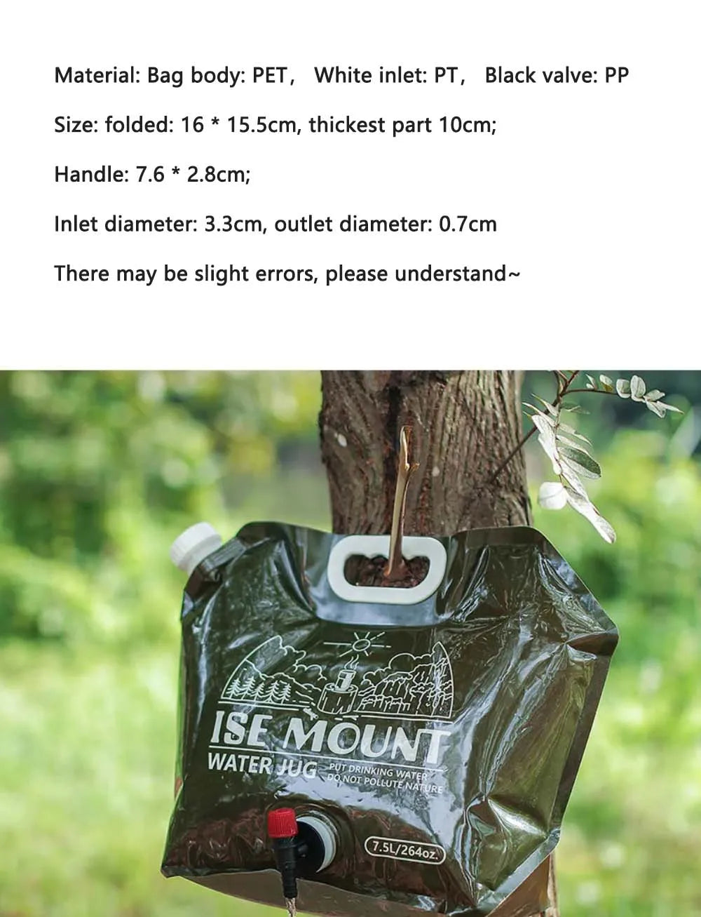 TARKA-bolsa de agua plegable para acampar, 7,5l, bolsa de agua portátil para exteriores, jarra de agua, cubo de agua con válvula de agua para Picnic, campamento y escalada