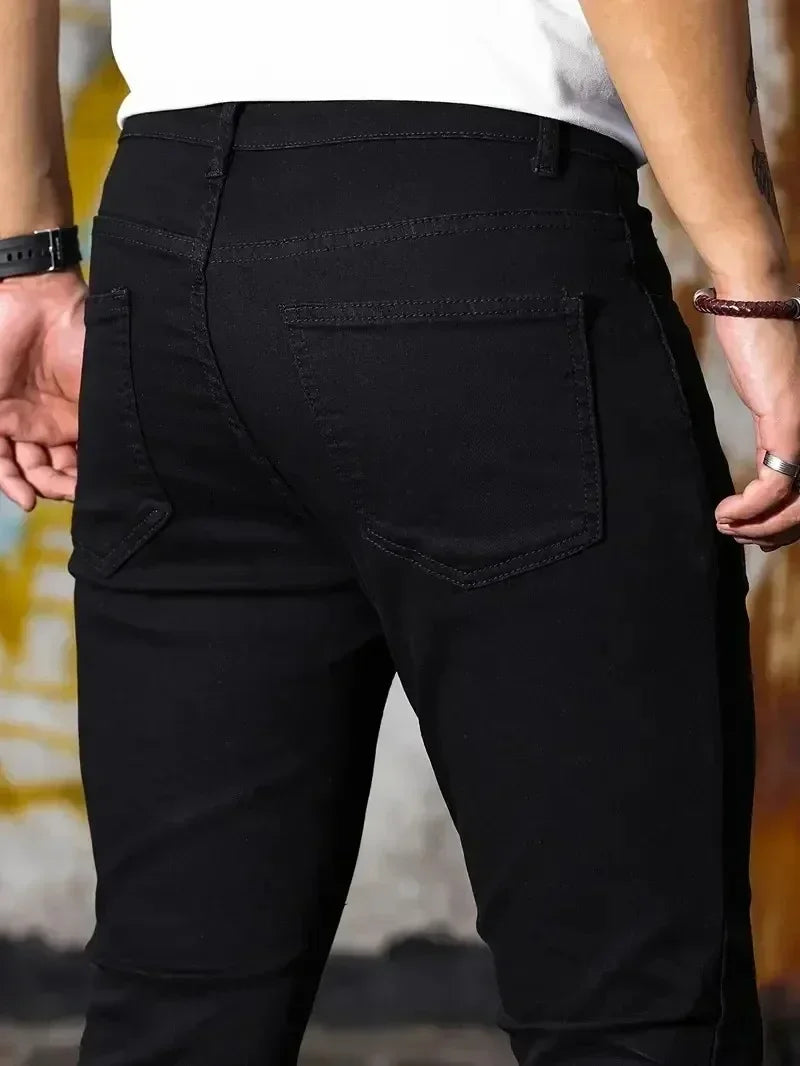 2025 primavera nuevos hombres Slim Fit clásico pantalones vaqueros ajustados Casual estilo callejero Casual hombres pantalones vaqueros ajustados hombre Slim Fit lápiz Denim azul