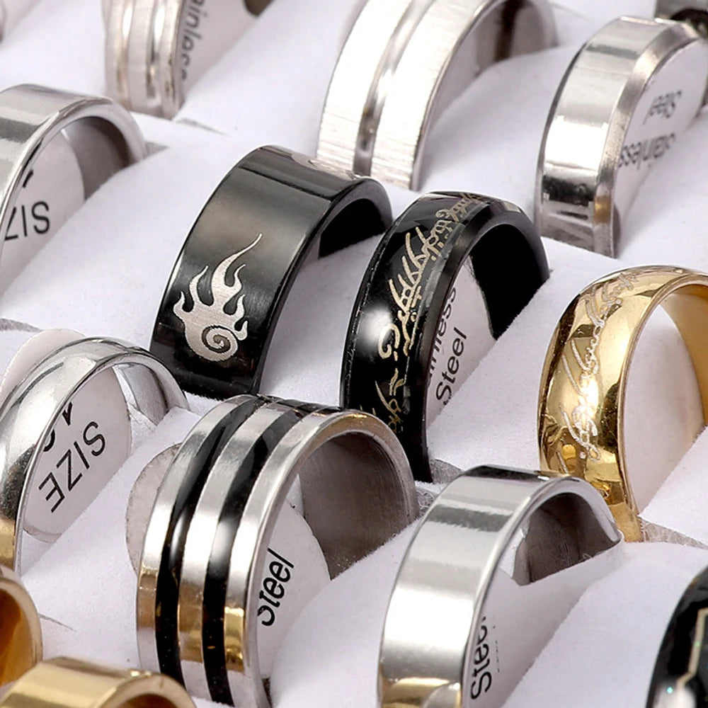 JoyerÃÂa de moda, venta al por mayor, 100 unids/lote, anillos de acero inoxidable, regalo de fiesta, anillos de boda, estilo mixto, anillos para hombre y mujer