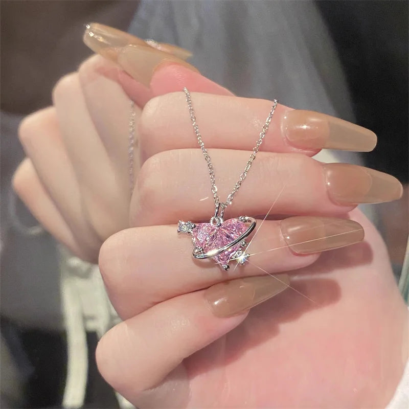 Collares con colgante de circonio y corazón de planeta rosa Y2K para mujer, collar de cadena de clavÃcula estética a la moda, regalo del DÃa de San ValentÃn, joyerÃa para fiesta