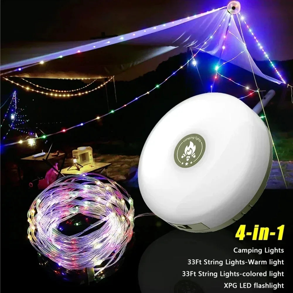 Luz de Camping 4 en 1, guirnalda de luces LED con carrete, lámpara de Camping USB para exteriores, luz LED nocturna reciclable para decoración de tienda de campaña y jardín