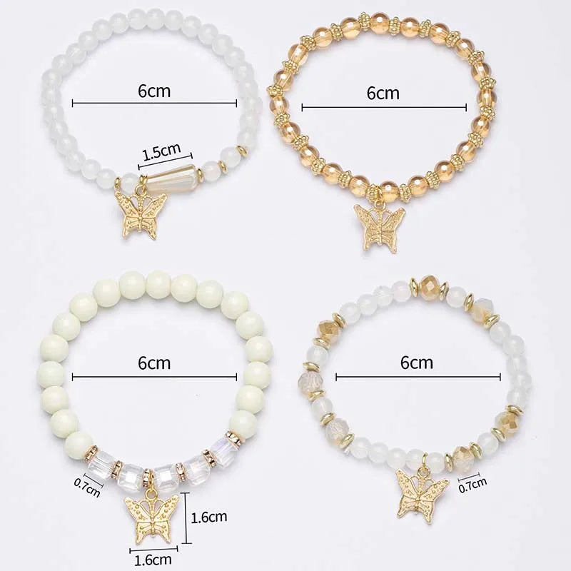 Conjunto de pulsera con cuentas de mariposa para mujer, brazalete de cadena elástica con cuentas acrÃlicas rosas, regalo de joyas de fiesta bohemia, 4 Uds.