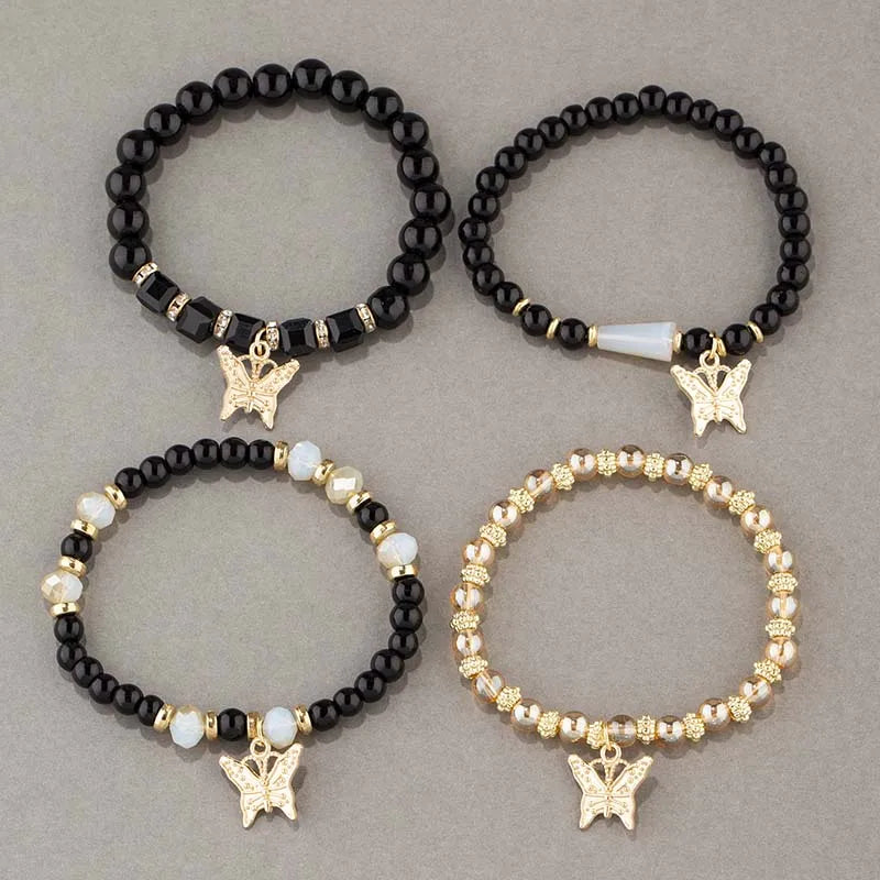 Conjunto de pulsera con cuentas de mariposa para mujer, brazalete de cadena elástica con cuentas acrÃlicas rosas, regalo de joyas de fiesta bohemia, 4 Uds.