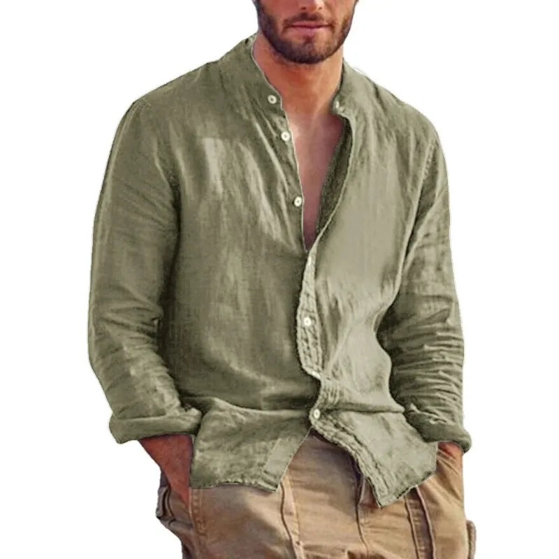 Ropa de chándal para hombre, camisa de manga larga, camisas de lino de Color sólido, Tops informales ligeros y transpirables con cuello levantado, camisa hawaiana