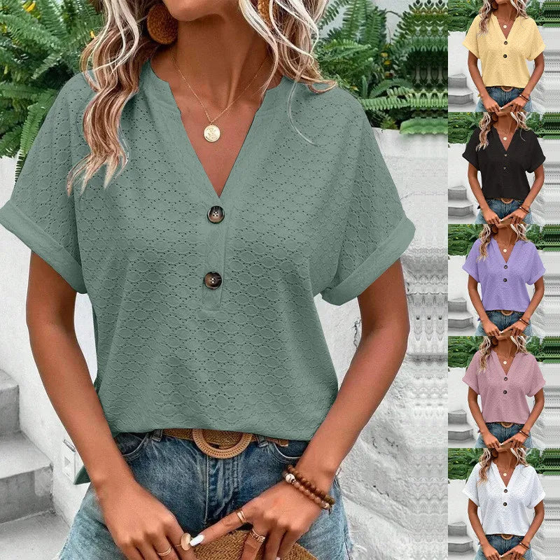Blusas informales de Jacquard con botones y cuello en V para mujer, camisas holgadas lisas, Tops de manga corta de gran tamaño para mujer 2023