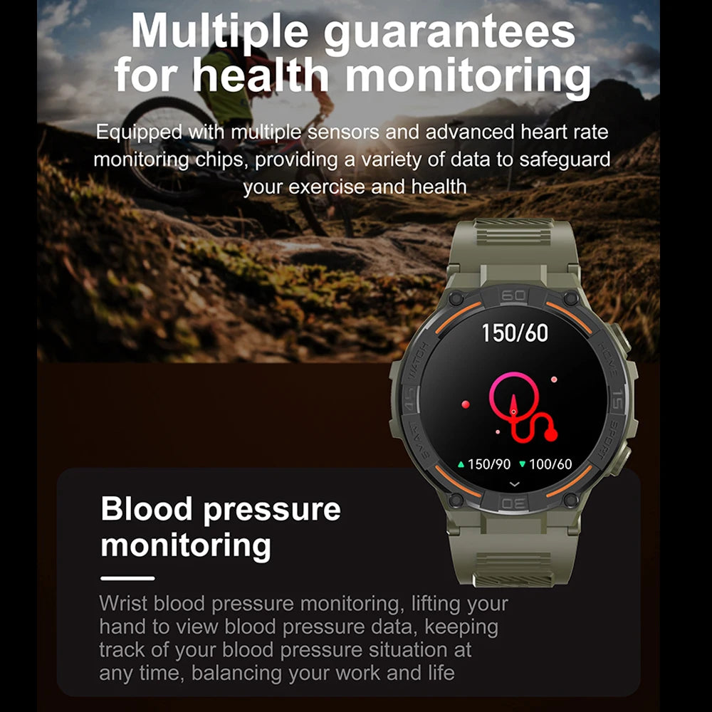 Reloj inteligente militar para hombre, dispositivo con pantalla HD de 360x360, linterna, control de la salud, resistente al agua, control del ritmo cardÃaco, llamadas BT, para Android e IOS