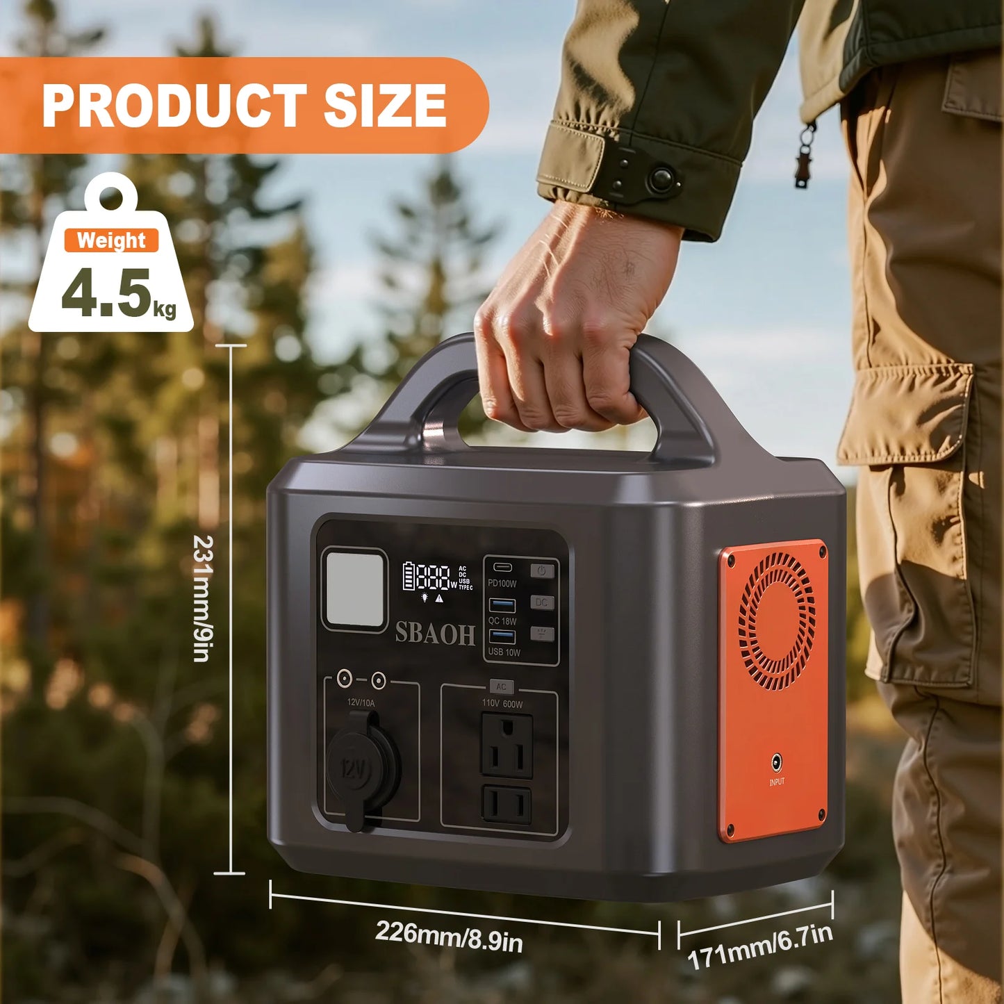 Estación de energía portátil para exteriores, 538,7Wh, 600W, con entrada de carga Solar, 100W PD USB-C, QC3.0, toma de corriente CA, Camping al aire libre