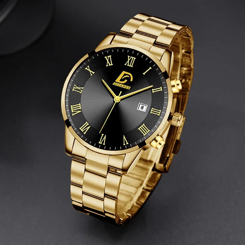 Relojes de acero inoxidable dorados a la moda para Hombre, Reloj de pulsera de cuarzo minimalista de lujo, Reloj con calendario informal de negocios para Hombre