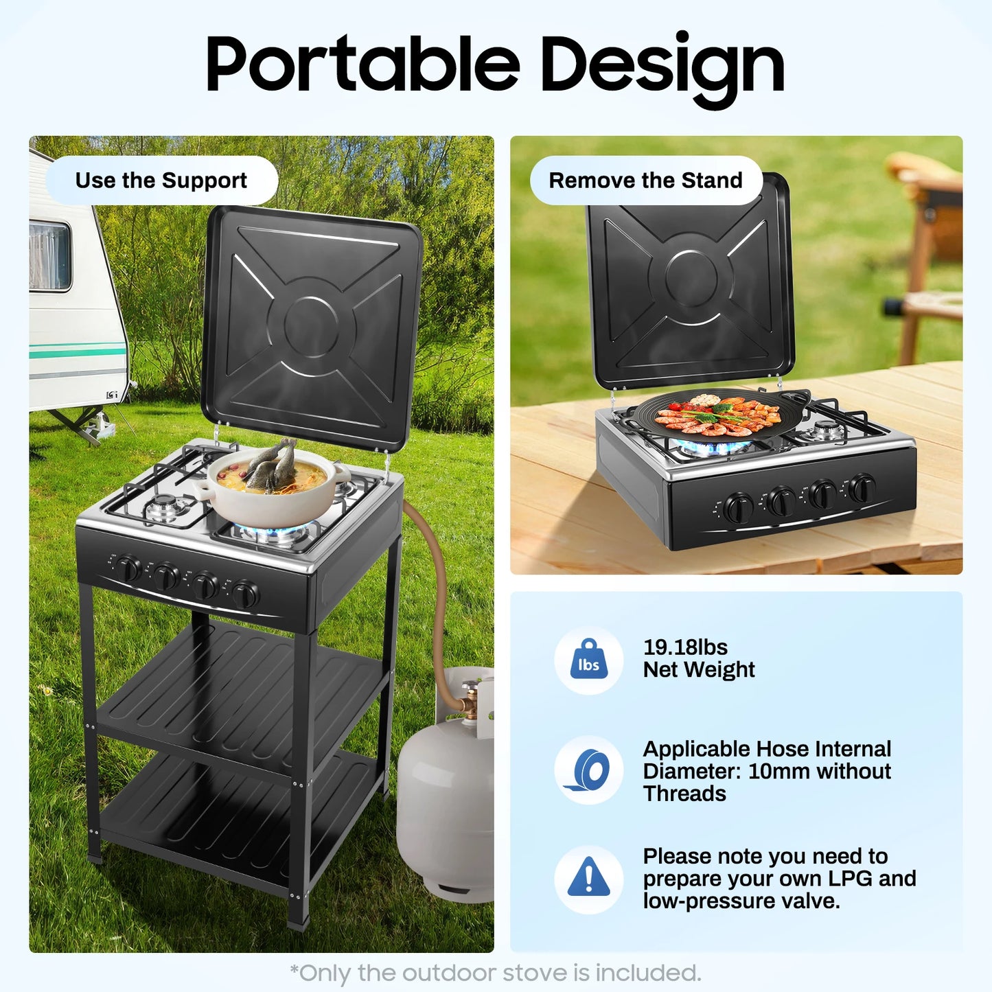 Estufa de Gas Natural de Control independiente, estufa de Gas propano extraÃble con cubierta para acampar al aire libre, RV, viajes, 4/5 quemadores