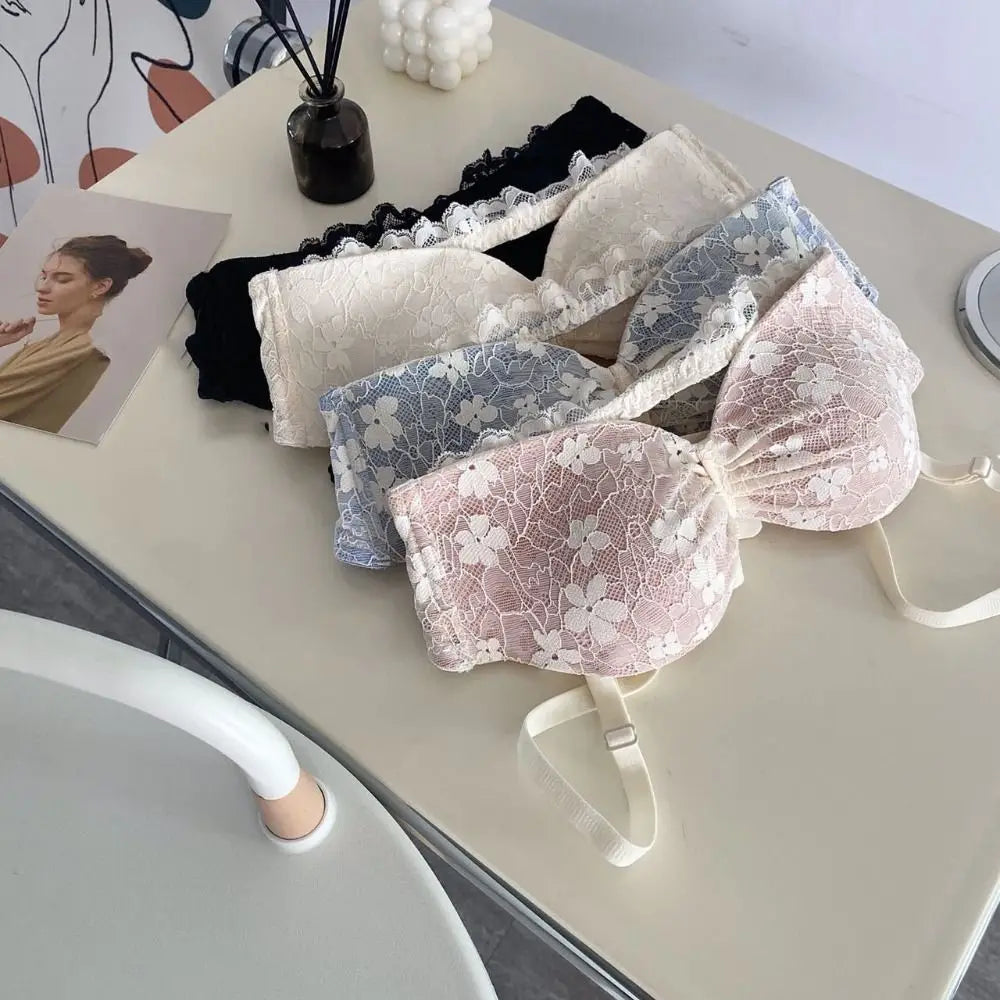 Sujetador inalámbrico de malla ajustado para mujer, sujetador antiflacidez de encaje Floral dulce con escote en V profundo, lencería con pechos recogidos, regalos