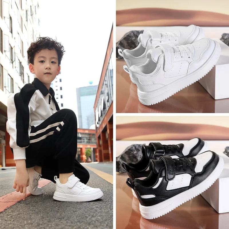 Zapatillas de deporte para niños, zapatos informales de cuero negro, zapatos planos para caminar para estudiantes, calzado deportivo ligero antideslizante para tenis para niñas