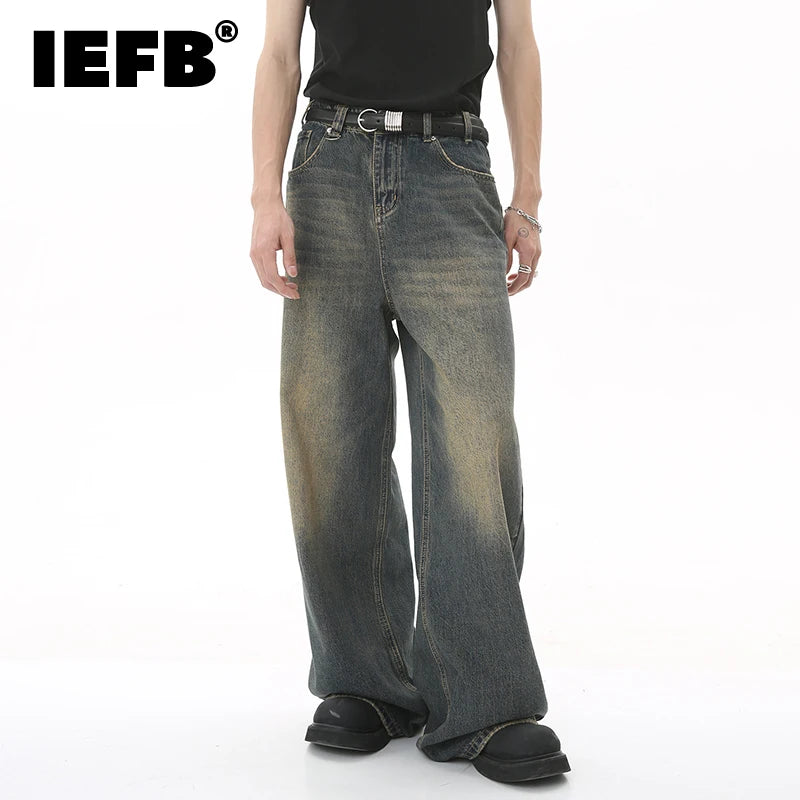 IEFB, pantalones vaqueros de verano para hombre, pantalones vaqueros lavados de color azul viejo para hombre, ropa informal recta para hombre, pantalones sueltos de pierna ancha, nueva moda 9C354