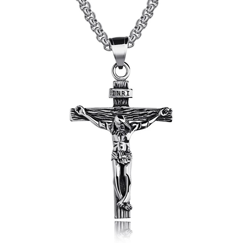 Collar religioso de acero inoxidable con cruz de Jesús para hombres, colgante de cruz de Color dorado y plateado con cadena, regalo de joyerÃa