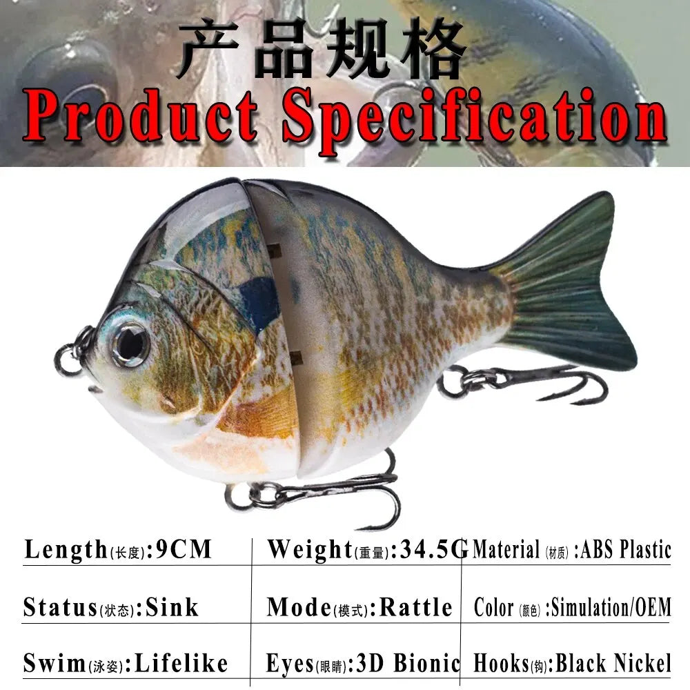 1 Uds 9CM 34,5G cebo deslizante de plástico de una sola articulación Swimbait Sunfish pesca lubina señuelos