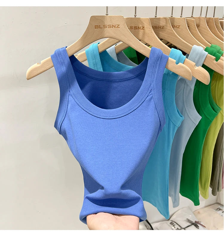 Zjaiss, camiseta sin mangas acanalada con cuello redondo liso para mujer, camisola para mujer, camiseta sin mangas elástica básica de verano 2025, camiseta sin mangas sólida con cuello redondo