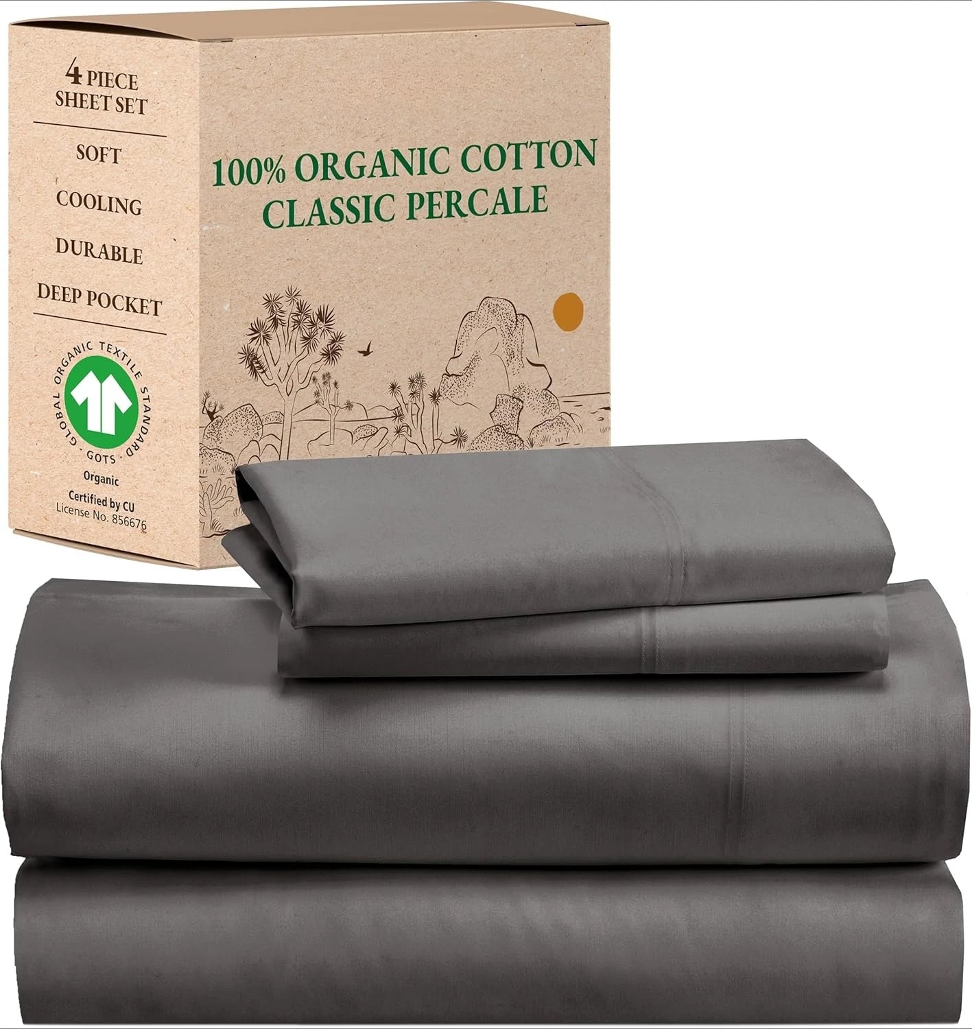 Juego de sábanas California King: sábanas suaves 100% algodón orgánico con bolsillos profundos, juego de cama transpirable y duradero de percal crujiente