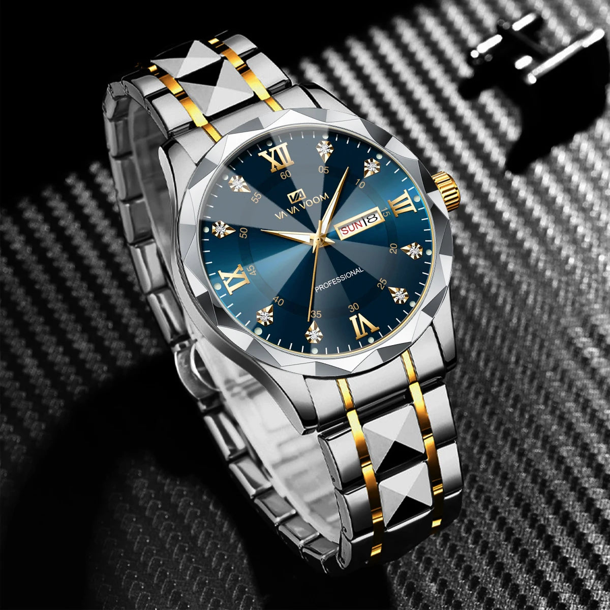 Reloj para hombre con diamantes de agua, lujo, brillo nocturno, doble calendario, movimiento de cuarzo, 41mm, oro azul, acero inoxidable, reloj de negocios de moda