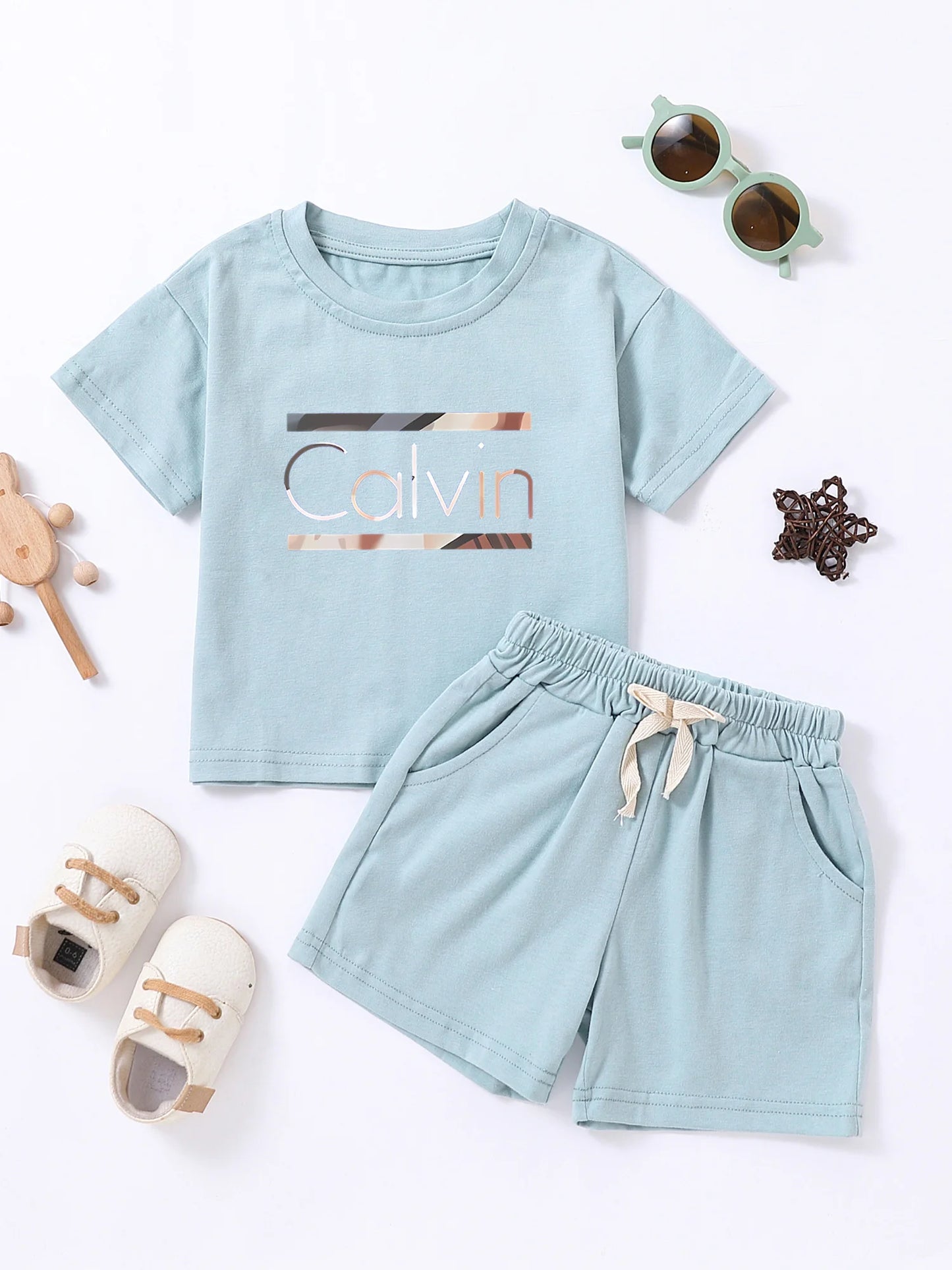 Trajes con estampado de letras Calvin para niños, camisetas de algodón + Pantalones cortos, conjuntos de ropa de 2 uds., trajes de moda para niños y niñas de 1 a 7 años